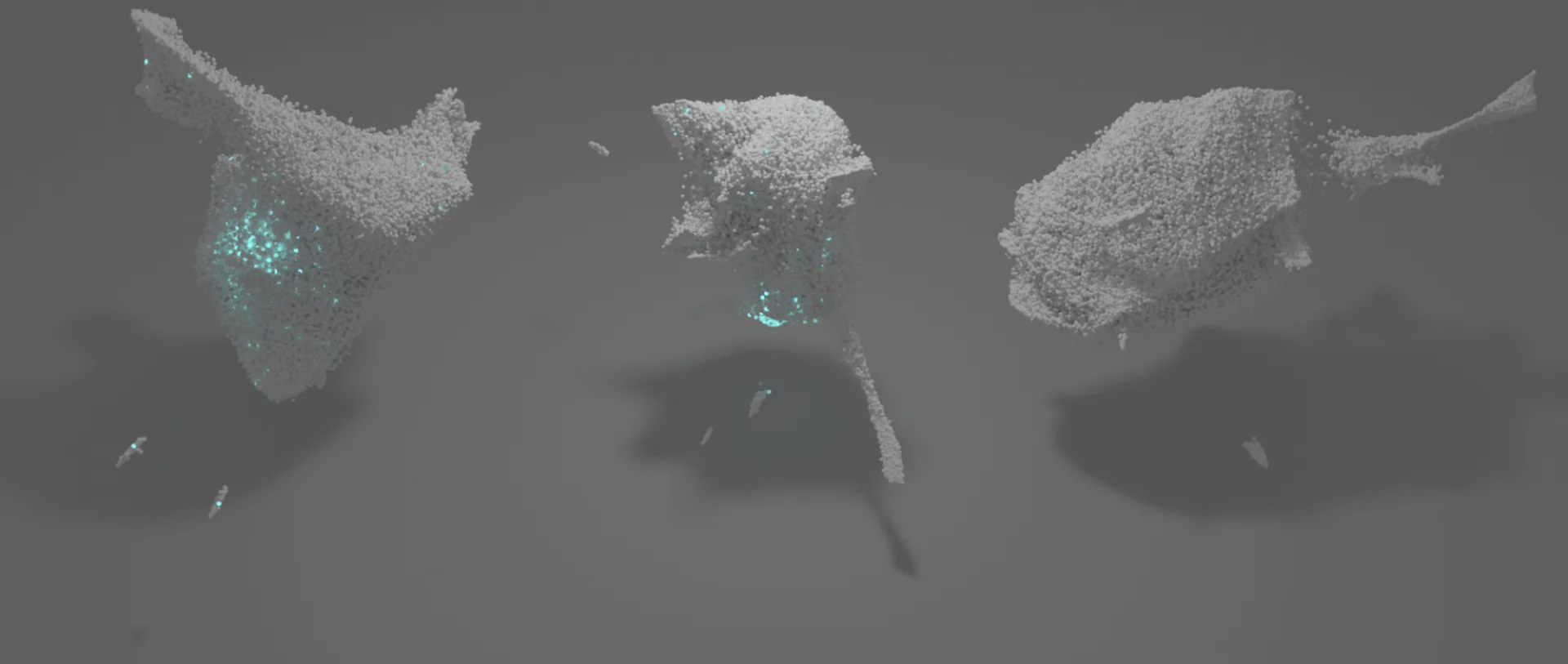 3-D UMAP of single-cell transcriptomes of cells exposed to a MEK inhibitor (blue) or other small molecules (grey)